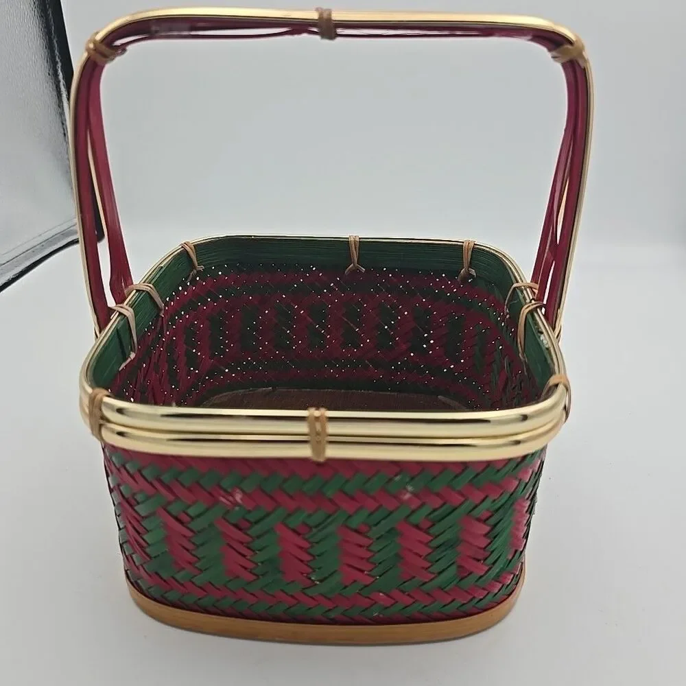 Vintage Red & Green Woven Basket Handmade 6.5